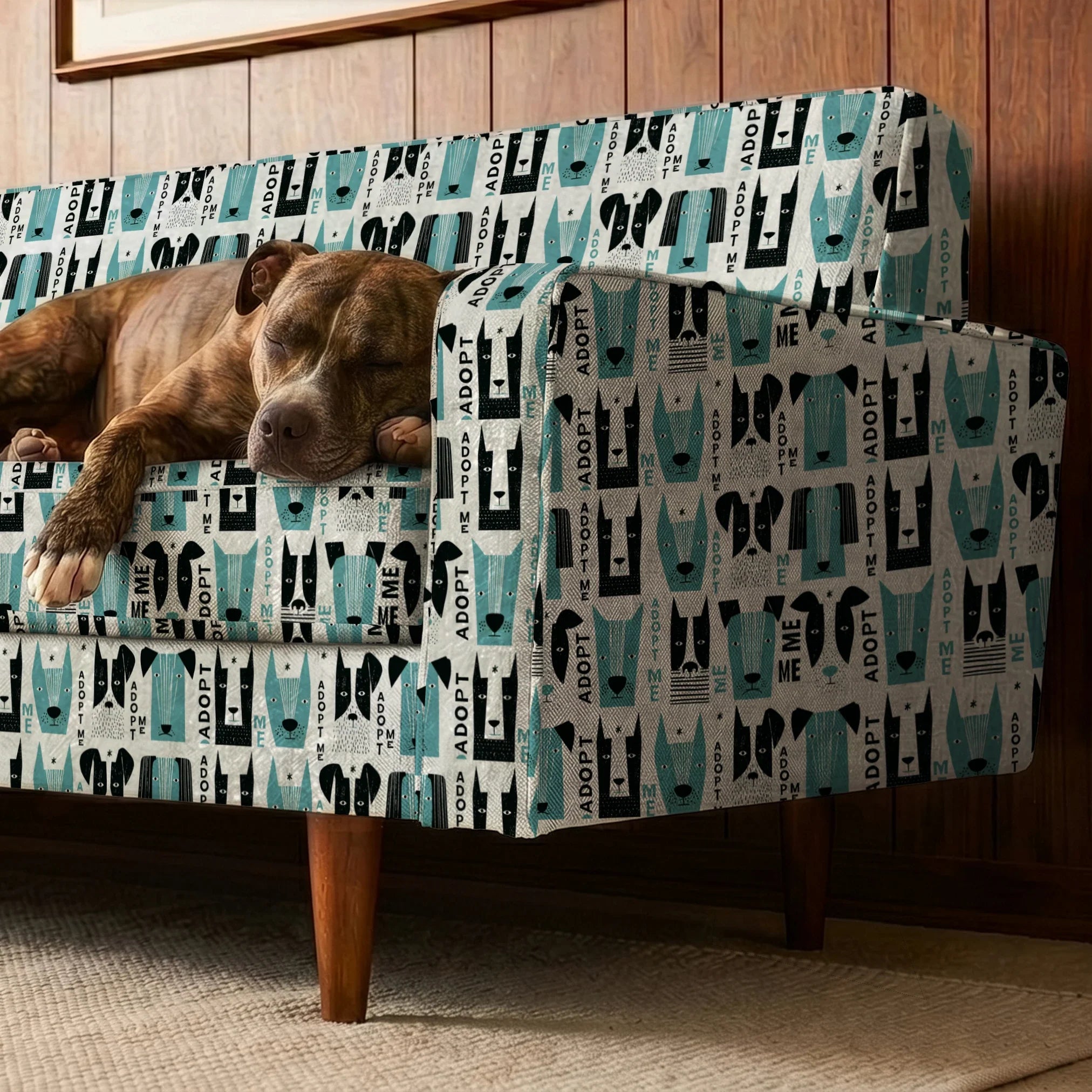 Adopt Me Mid Mod Dog in Teal — adopt me mid mod dog print, in turquoise teal, black and cream on a warm bone ground
