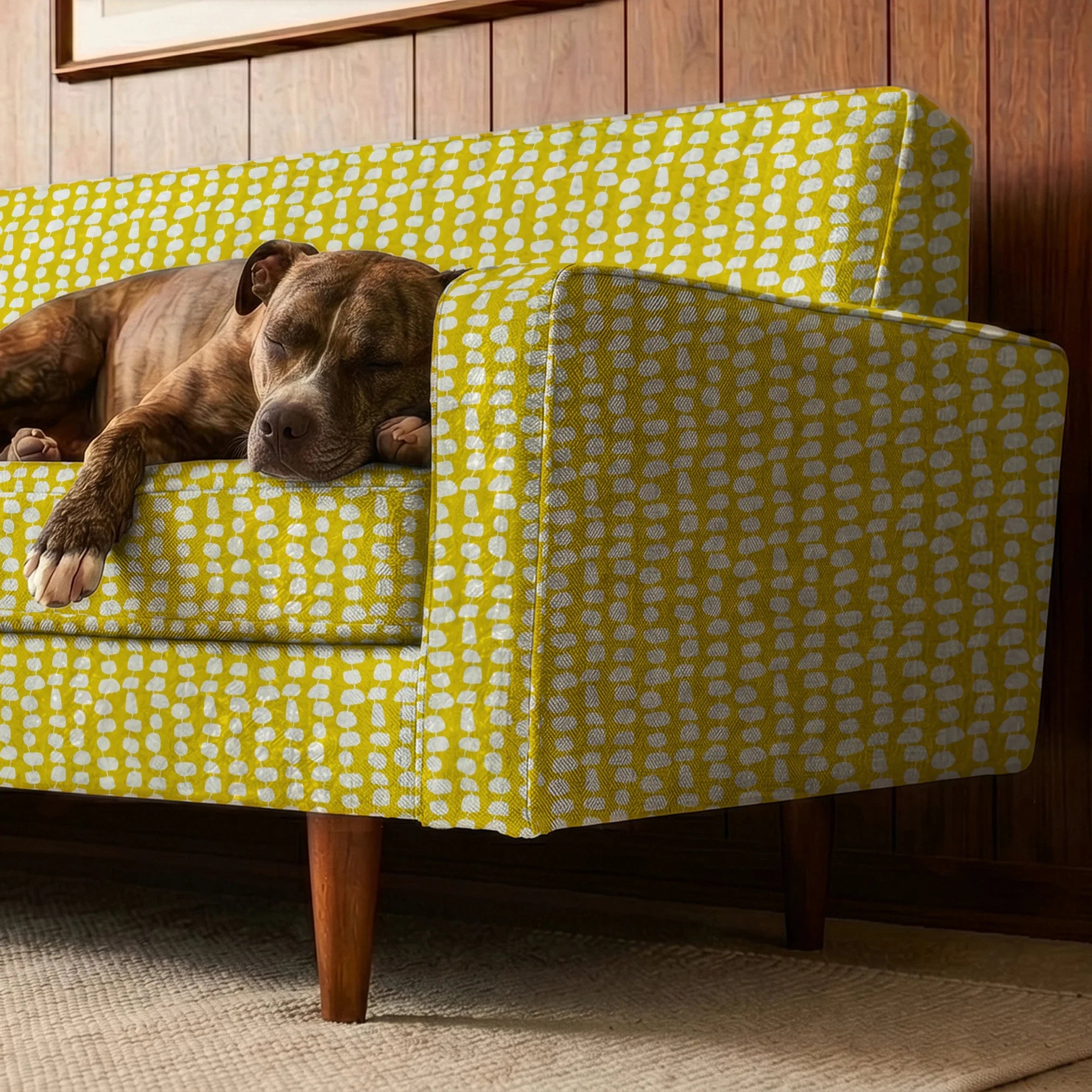 Atomic Stack in Mustard — atomic stack print, in white forms on a bright mustard yellow ground