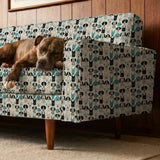 Colorful therapy dog illustration pattern featuring various dog breeds in teal, black, cream and pin