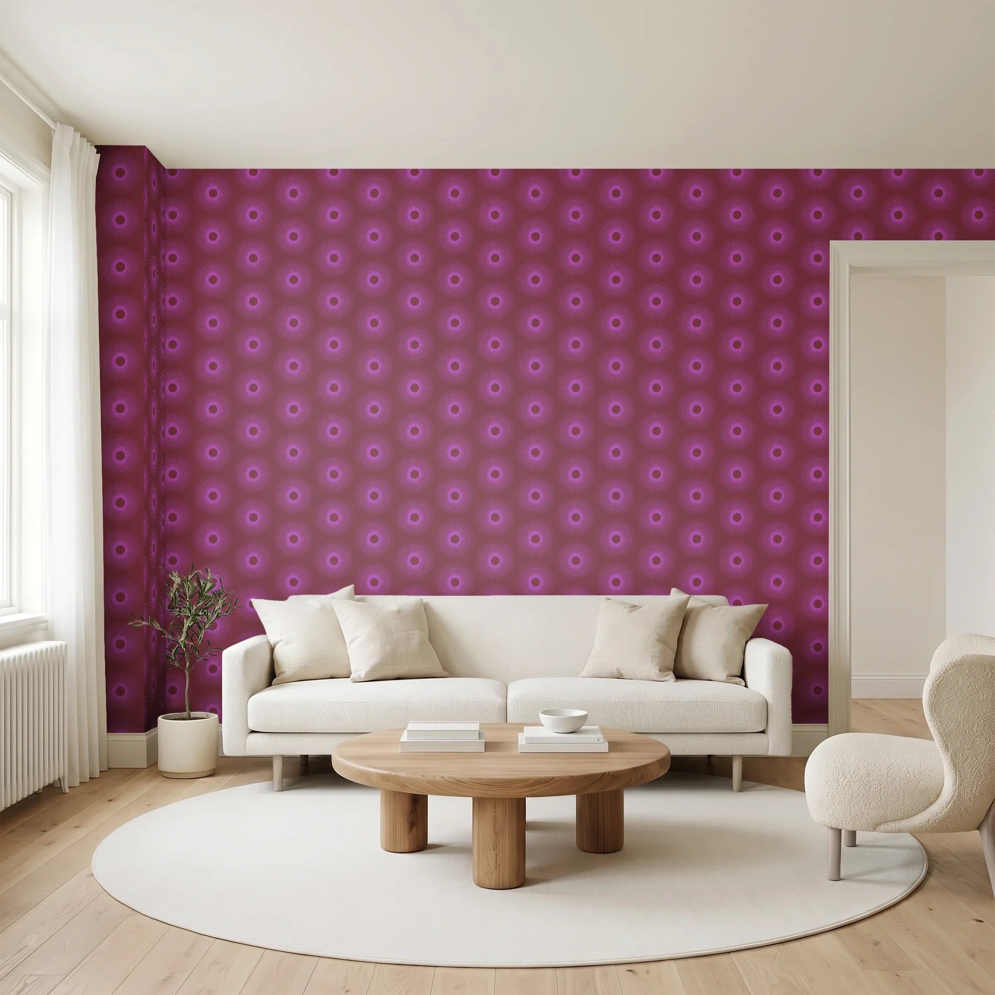 Retro Sunburst, Plum Wallpaper