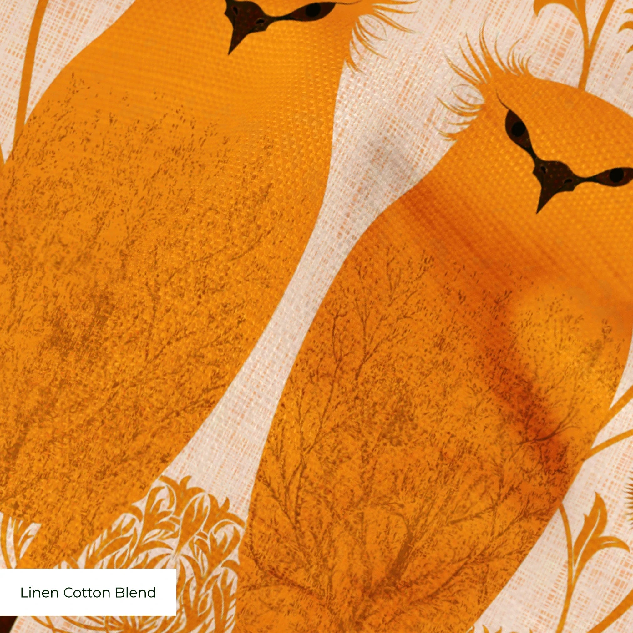 Symmetrical pattern of orange owls with brown details on beige background with decorative floral ele