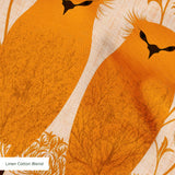 Symmetrical pattern of orange owls with brown details on beige background with decorative floral ele