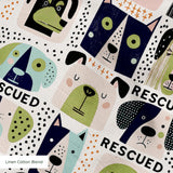 Rescued & Ready in Petal — rescued & ready print, in blush pink and slate blocks with cream and black dogs, small scale