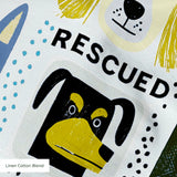 Rescued & Ready in Slate — rescued & ready print, in slate blue and golden yellow blocks with cream and black dogs