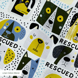 Rescued & Ready in Slate — rescued & ready print, in slate blue and golden yellow blocks with cream and black dogs, small scale