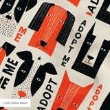 Adopt Me Mid Mod Dog in Persimmon — adopt me mid mod dog print, in persimmon orange, black and cream on a warm bone ground, small scale