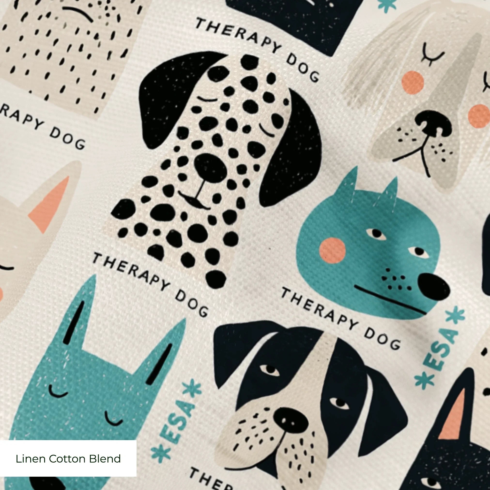 Colorful therapy dog illustration pattern featuring various dog breeds in teal, black, cream and pin