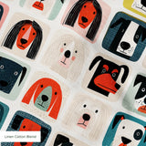 Colorful grid pattern of stylized dog faces in various breeds with geometric shapes and retro color