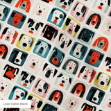 Colorful grid pattern of cartoon dog faces in various breeds with geometric shapes and retro style i