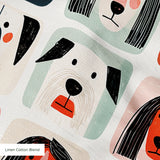 Colorful grid pattern of stylized dog faces in various breeds with geometric shapes and retro color