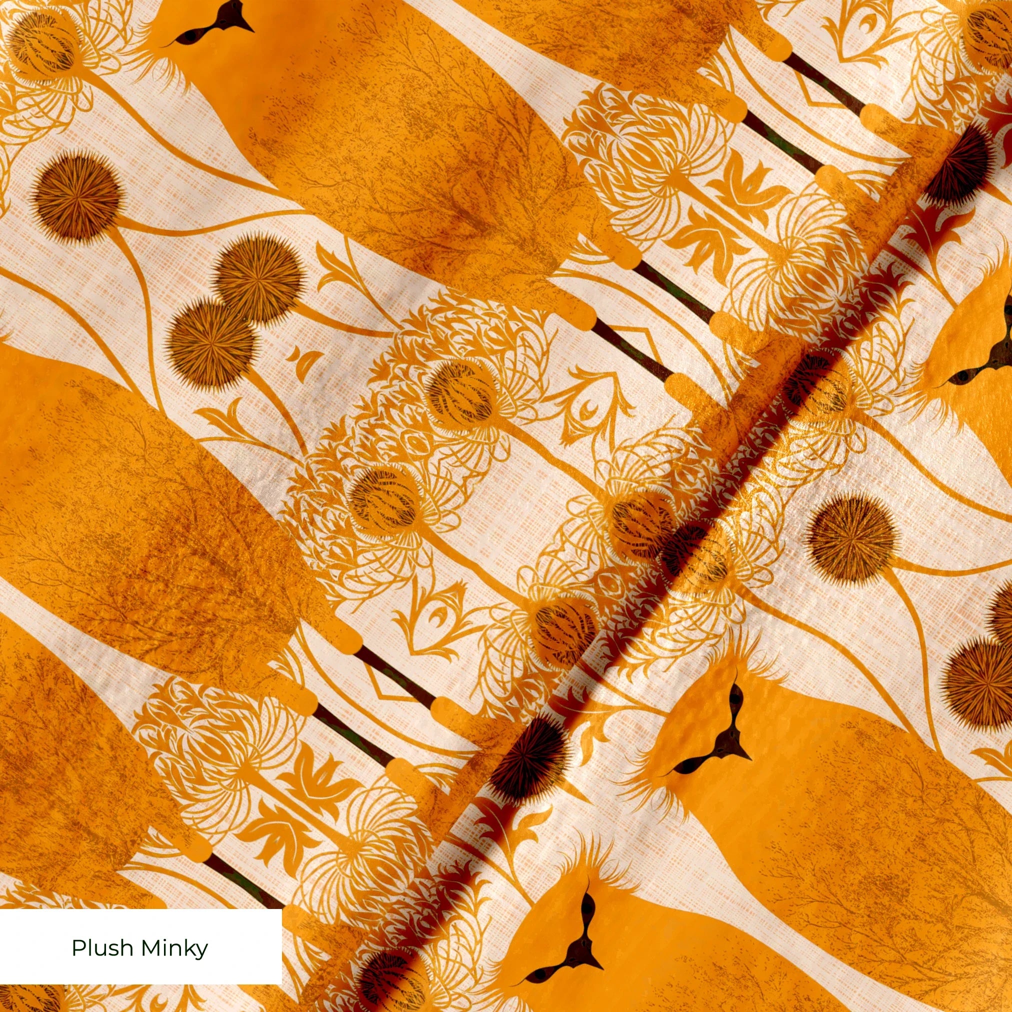Symmetrical pattern of orange owls with brown details on beige background with decorative floral ele