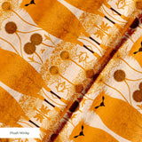 Symmetrical pattern of orange owls with brown details on beige background with decorative floral ele