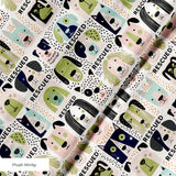 Rescued & Ready in Petal — rescued & ready print, in blush pink and slate blocks with cream and black dogs, small scale