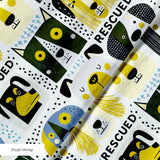 Rescued & Ready in Slate — rescued & ready print, in slate blue and golden yellow blocks with cream and black dogs