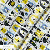 Rescued & Ready in Slate — rescued & ready print, in slate blue and golden yellow blocks with cream and black dogs, small scale