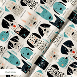Colorful therapy dog illustration pattern featuring various dog breeds in teal, black, cream and pin
