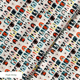 Colorful grid pattern of cartoon dog faces in various breeds with geometric shapes and retro style i