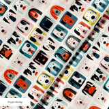 Colorful grid pattern of stylized dog faces in various breeds with geometric shapes and retro color