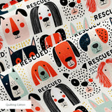 Rescued & Ready in Persimmon — rescued & ready print, in persimmon orange and red blocks with cream and black dogs, small scale