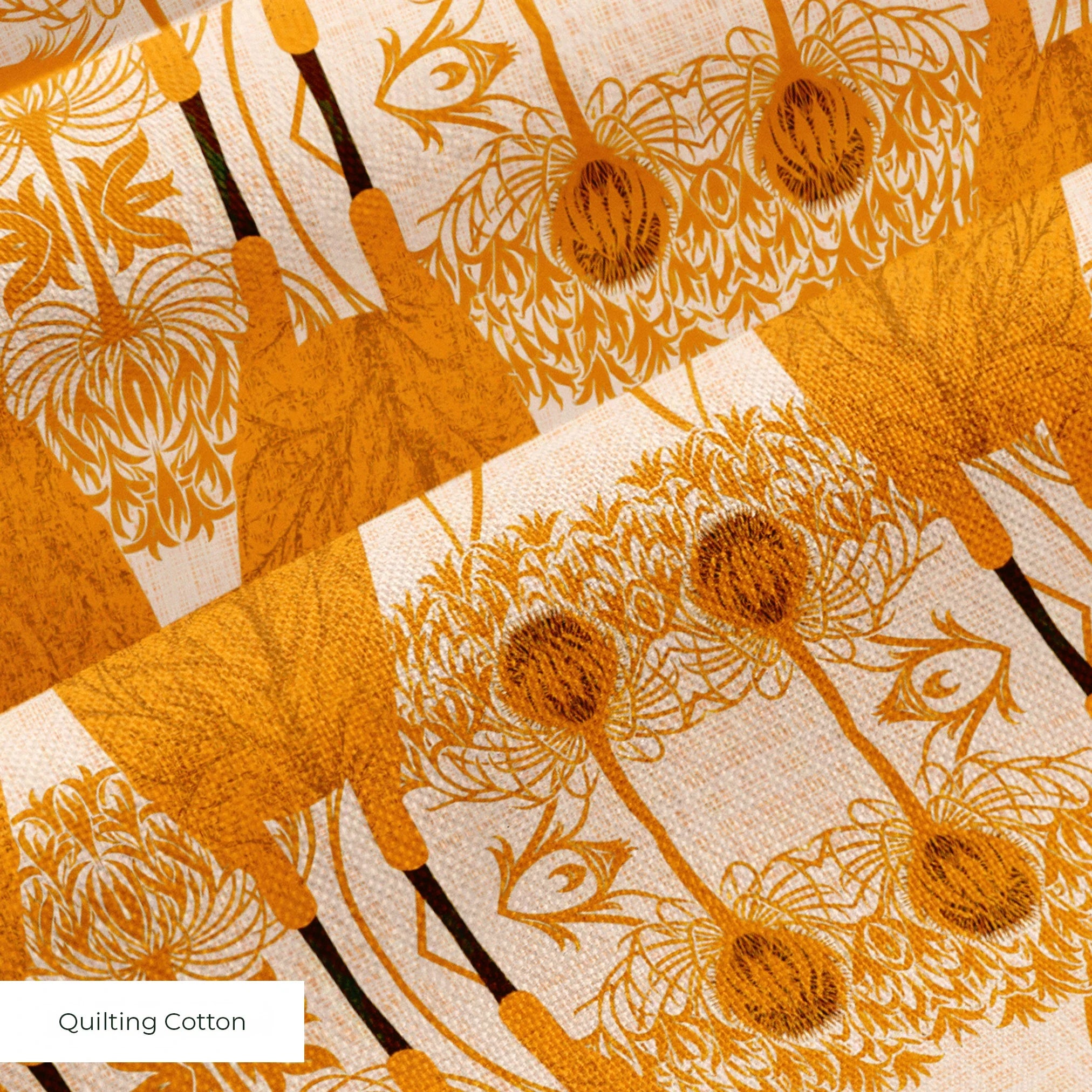 Symmetrical pattern of orange owls with brown details on beige background with decorative floral ele