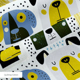 Rescued & Ready in Slate — rescued & ready print, in slate blue and golden yellow blocks with cream and black dogs