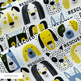 Rescued & Ready in Slate — rescued & ready print, in slate blue and golden yellow blocks with cream and black dogs, small scale