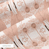 Symmetrical pattern of stylized pink owls with decorative floral medallions on white background