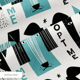 Adopt Me Mid Mod Dog in Teal — adopt me mid mod dog print, in turquoise teal, black and cream on a warm bone ground