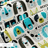Rescued & Ready in Avocado — rescued & ready print, in avocado green and teal blocks with cream and black dogs, small scale