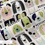 Rescued & Ready in Petal — rescued & ready print, in blush pink and slate blocks with cream and black dogs, small scale