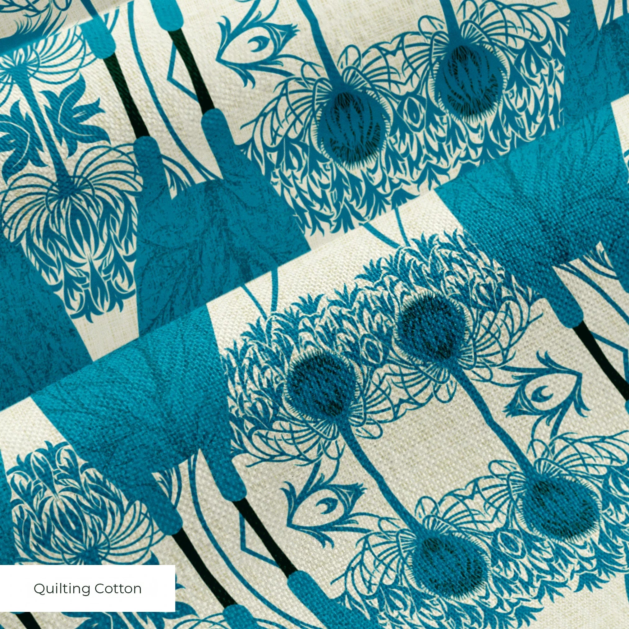 Symmetrical teal owl pattern with decorative floral elements on cream background