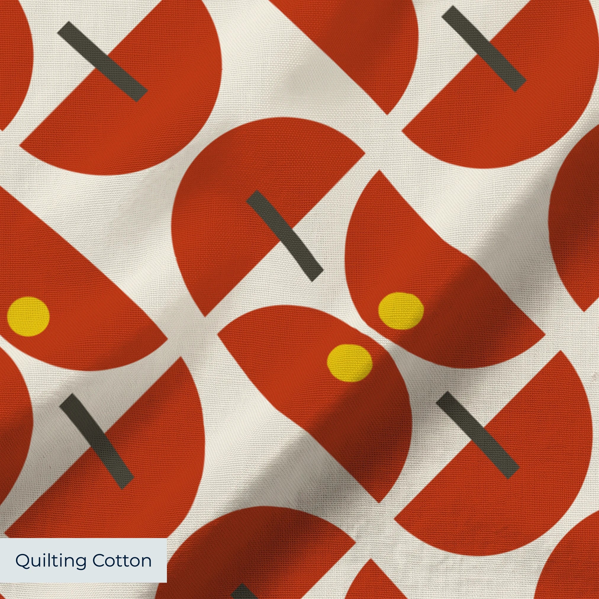 Geometric Martini Mod in Ruby — geometric martini mod print, in ruby red and rust with cream capsules and a golden center