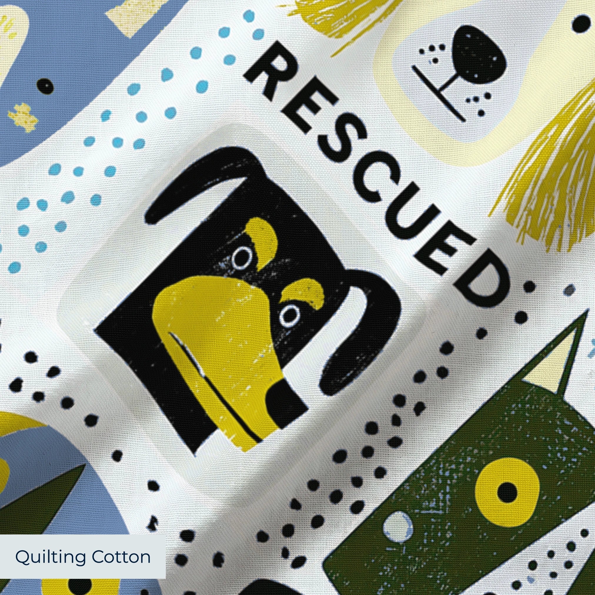 Rescued & Ready in Slate — rescued & ready print, in slate blue and golden yellow blocks with cream and black dogs