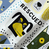 Rescued & Ready in Slate — rescued & ready print, in slate blue and golden yellow blocks with cream and black dogs
