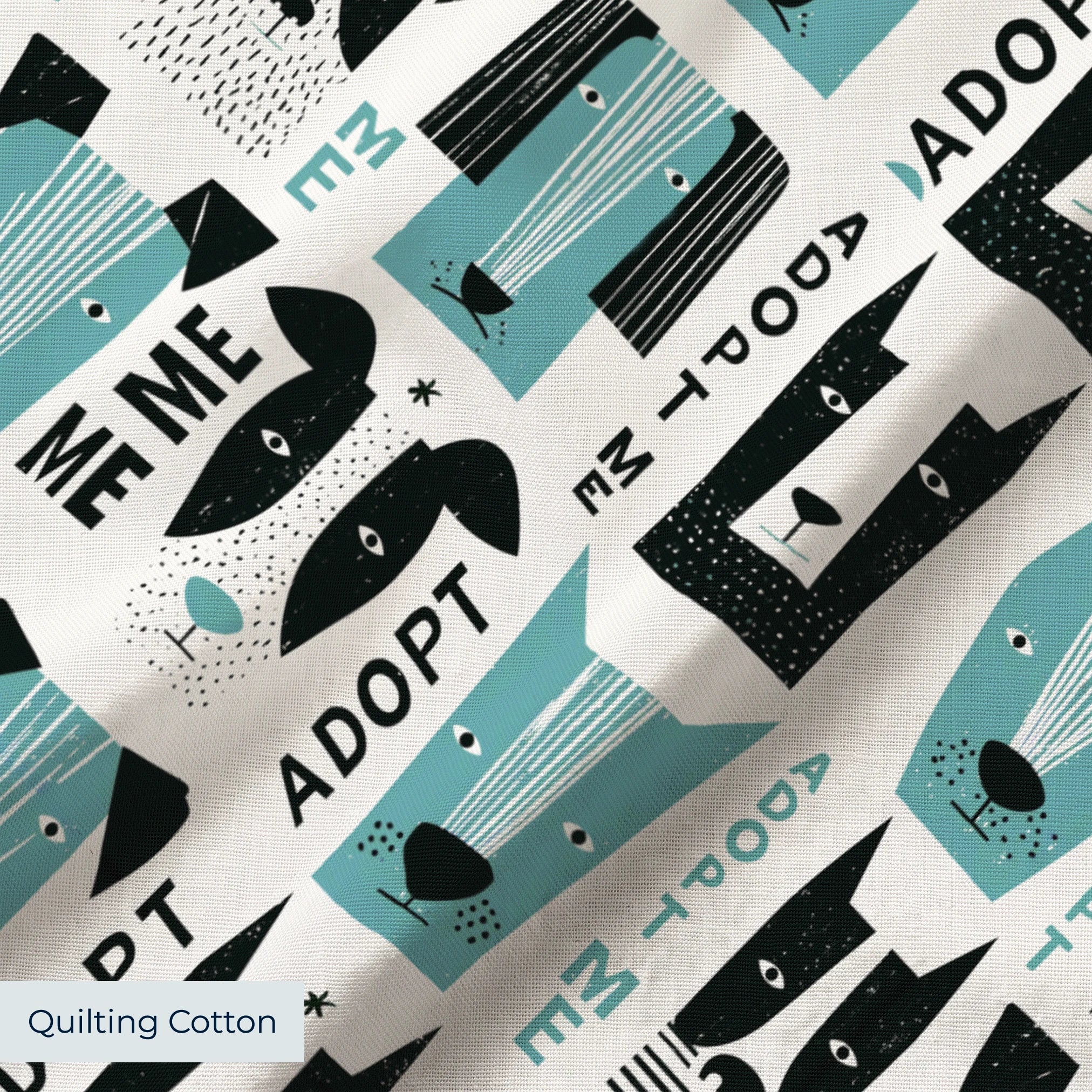 Adopt Me Mid Mod Dog in Teal — adopt me mid mod dog print, in turquoise teal, black and cream on a warm bone ground, small scale