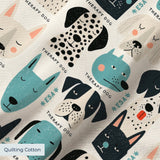 Colorful therapy dog illustration pattern featuring various dog breeds in teal, black, cream and pin