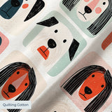 Colorful grid pattern of stylized dog faces in various breeds with geometric shapes and retro color