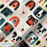 Colorful grid pattern of stylized dog faces in various breeds with geometric shapes and retro color