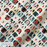 Colorful grid pattern of cartoon dog faces in various breeds with geometric shapes and retro style i