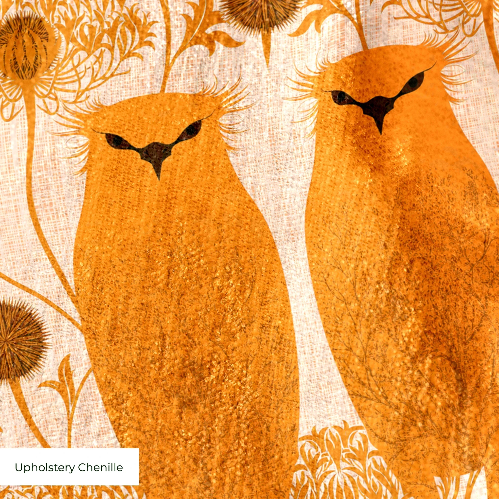 Symmetrical pattern of orange owls with brown details on beige background with decorative floral ele