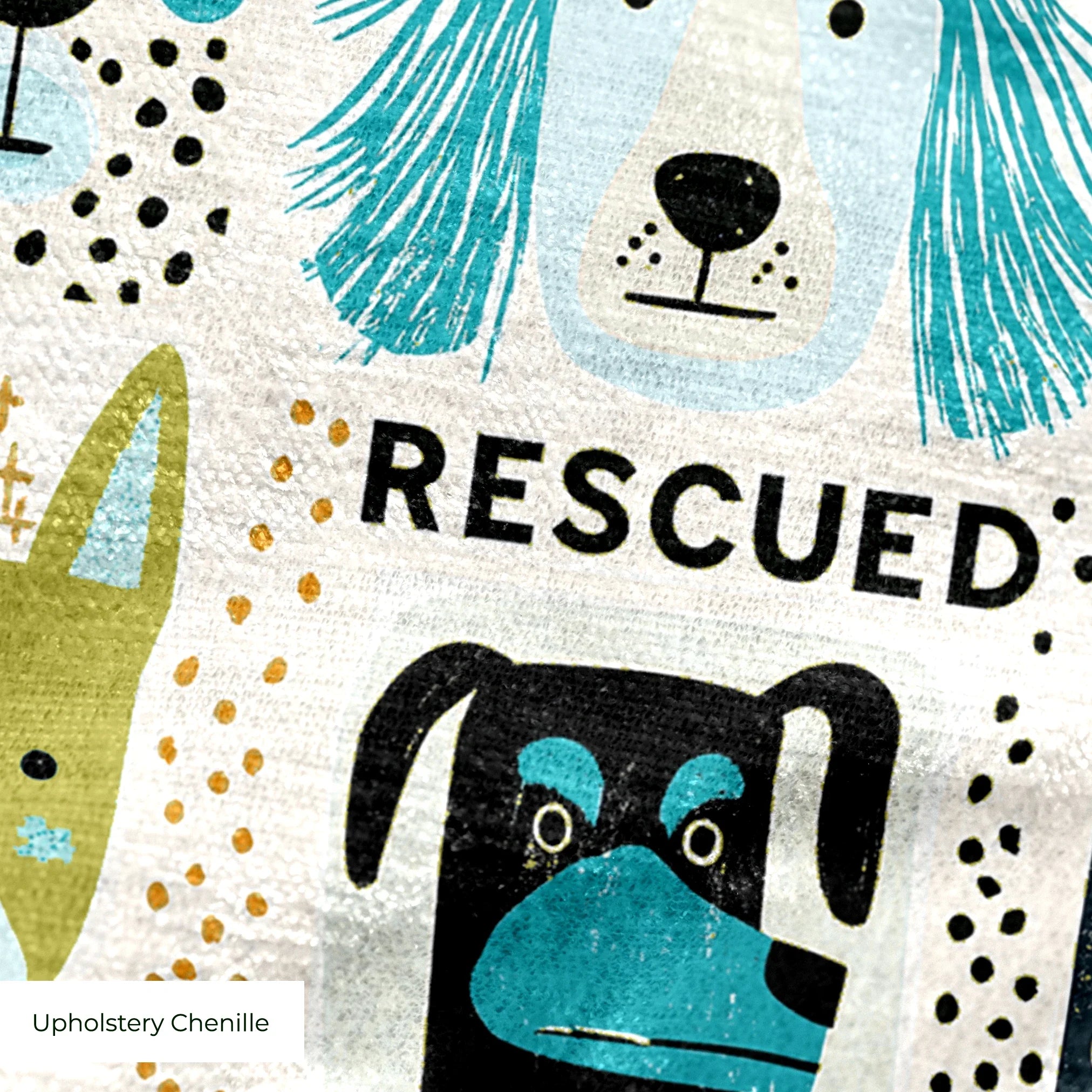 Rescued & Ready in Avocado — rescued & ready print, in avocado green and teal blocks with cream and black dogs