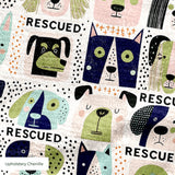 Rescued & Ready in Petal — rescued & ready print, in blush pink and slate blocks with cream and black dogs, small scale