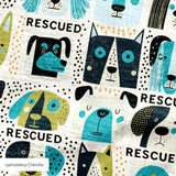 Rescued & Ready in Avocado — rescued & ready print, in avocado green and teal blocks with cream and black dogs, small scale