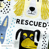 Rescued & Ready in Slate — rescued & ready print, in slate blue and golden yellow blocks with cream and black dogs