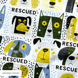 Rescued & Ready in Slate — rescued & ready print, in slate blue and golden yellow blocks with cream and black dogs, small scale