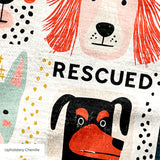 Rescued & Ready in Persimmon — rescued & ready print, in persimmon orange and red blocks with cream and black dogs