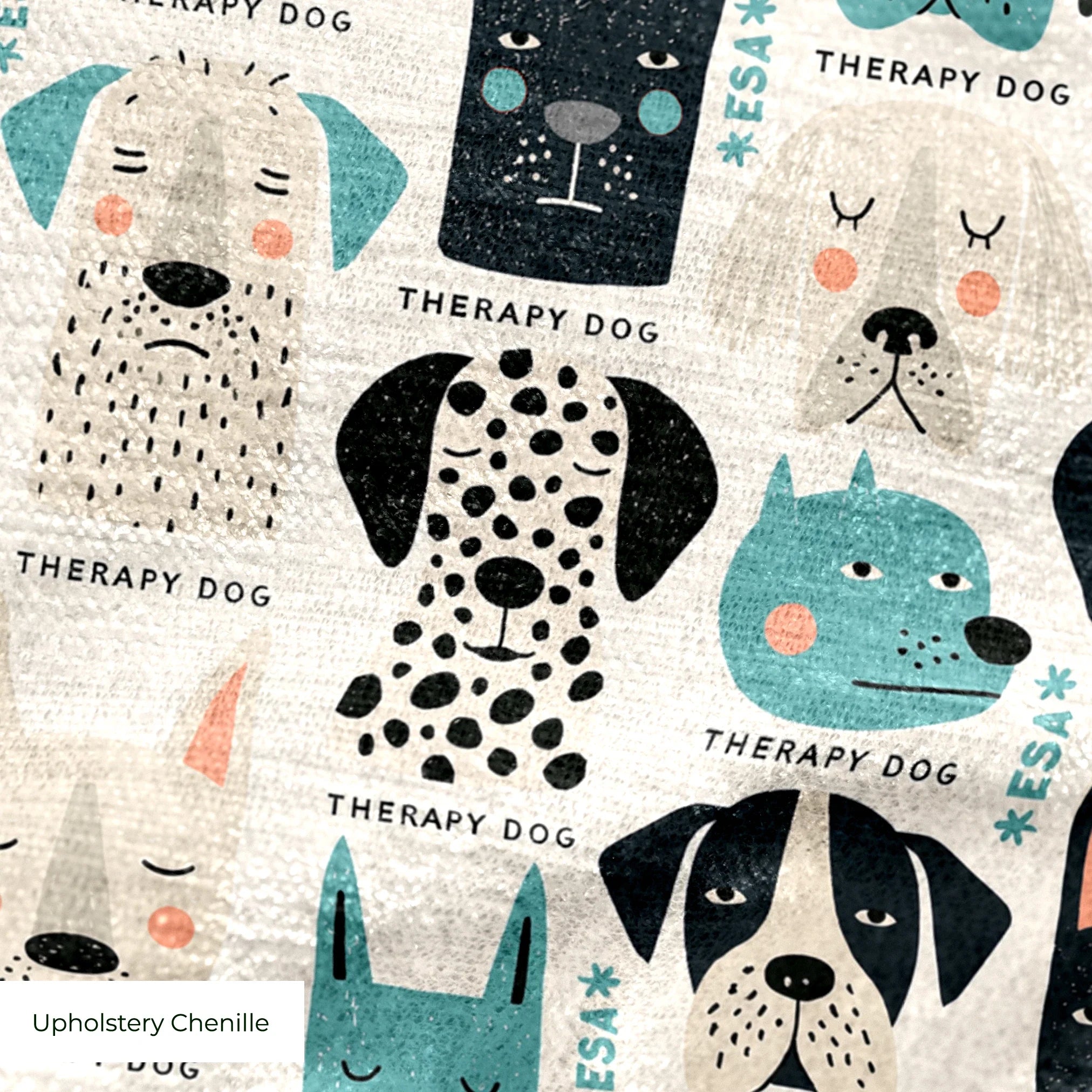 Colorful therapy dog illustration pattern featuring various dog breeds in teal, black, cream and pin