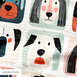 Colorful grid pattern of stylized dog faces in various breeds with geometric shapes and retro color