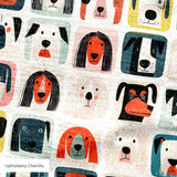 Colorful grid pattern of stylized dog faces in various breeds with geometric shapes and retro color