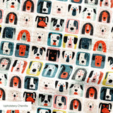 Colorful grid pattern of cartoon dog faces in various breeds with geometric shapes and retro style i